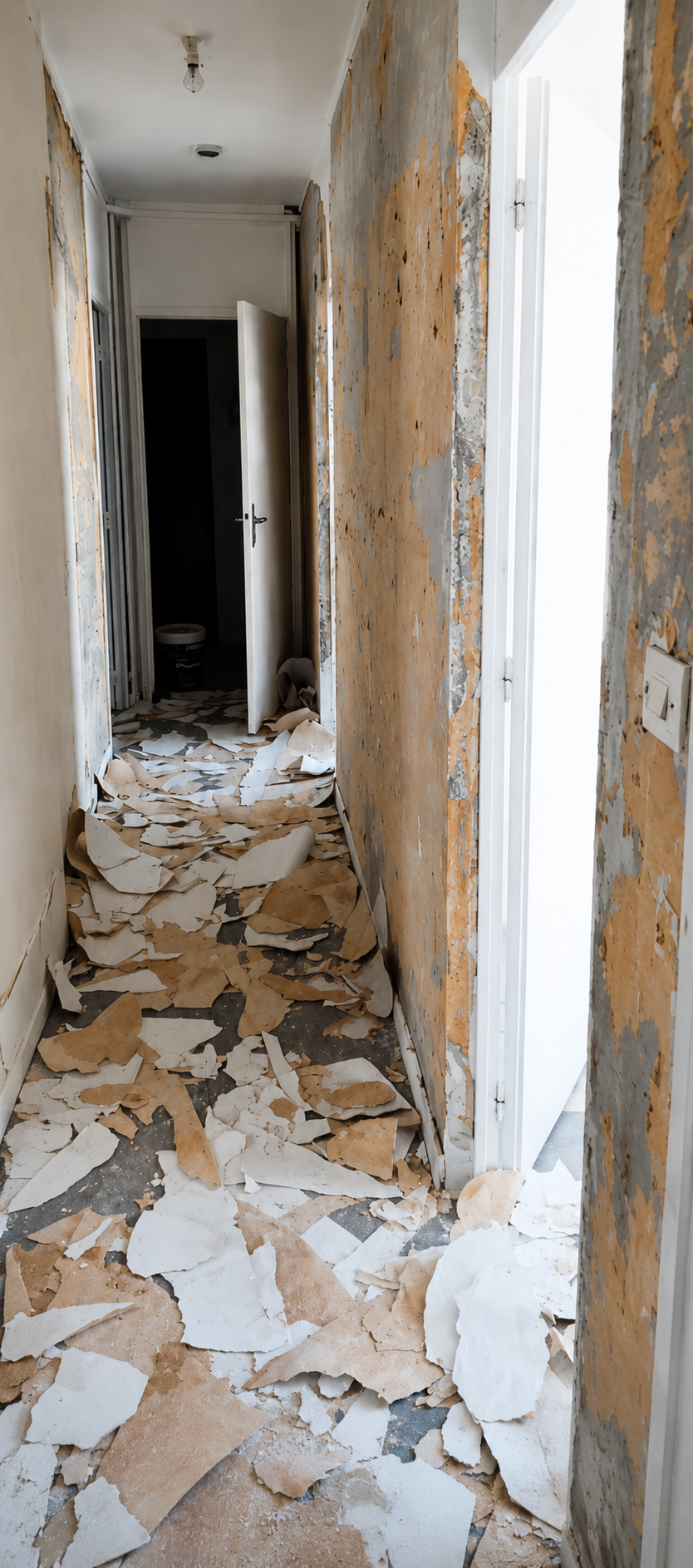 Couloir en travaux — murs décapés et débris au sol